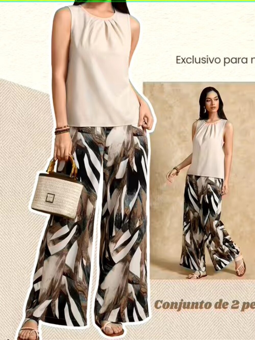 Women's Two-Piece Wide-Leg Pants Set - Cream Top & Abstract Print Pants